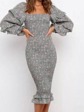 Petal & Pup Sage Green Floral Midi Dress with Puff Sleeves